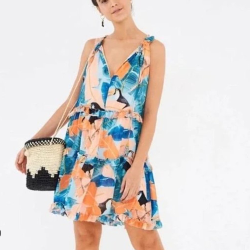 FARM RIO Tropical Forest Tiered Mini Dress Beaded Tassels Leaves & Bird